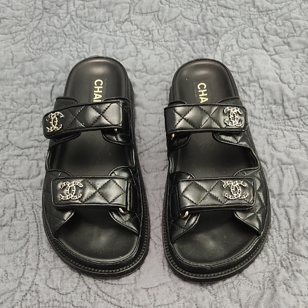 CHANEL Black Quilted Double Strap Slides